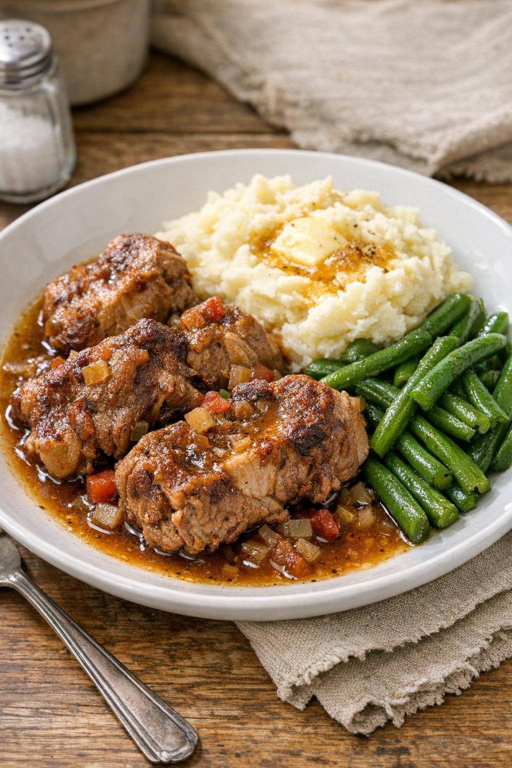 Finished braised pork neck bones plated with rich gravy