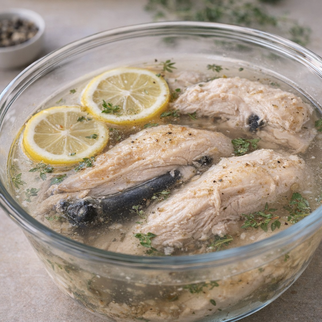 Chicken pieces soaking in a brine bowl on a kitchen counter