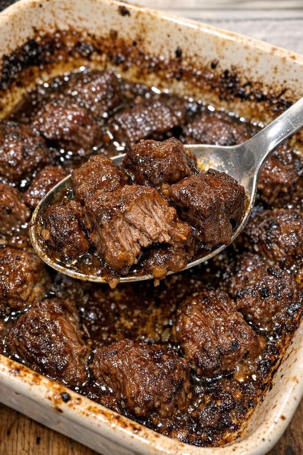 Glossy tender beef bites in a baking dish