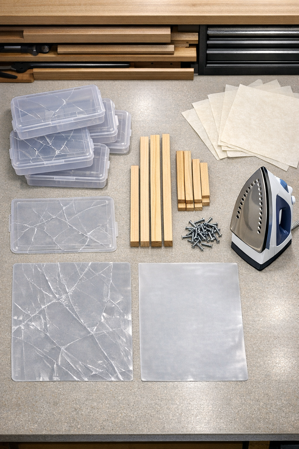 Flattened plastic pencil boxes, wood strips, and screws laid out for the project