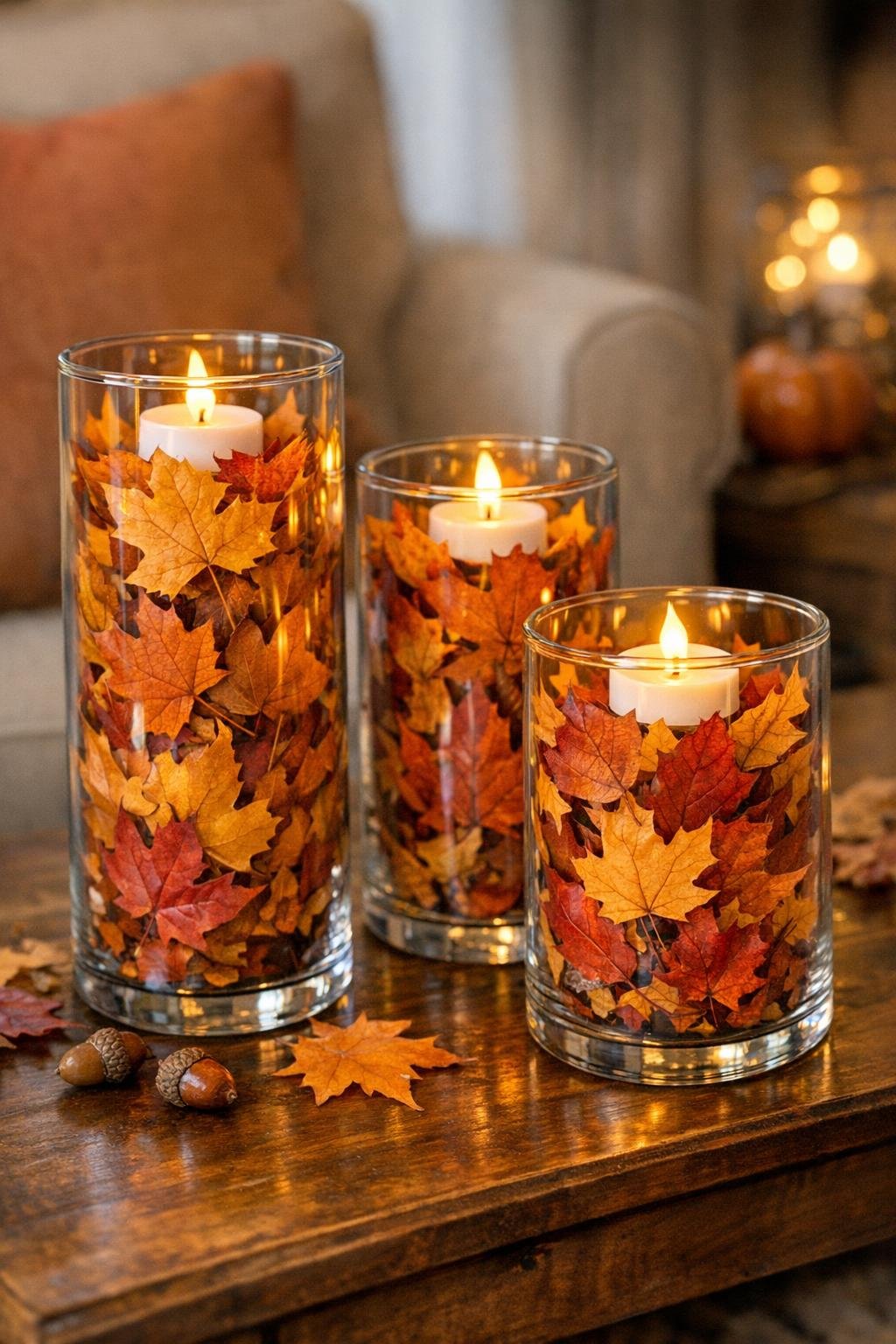 Finished autumn leaf floating candle display in clear glass jars