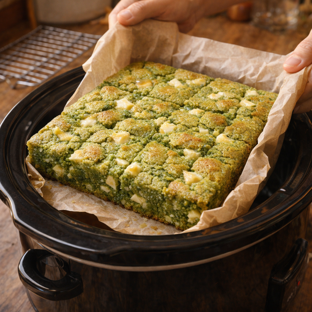 Cooked blondie slab being lifted from the slow cooker