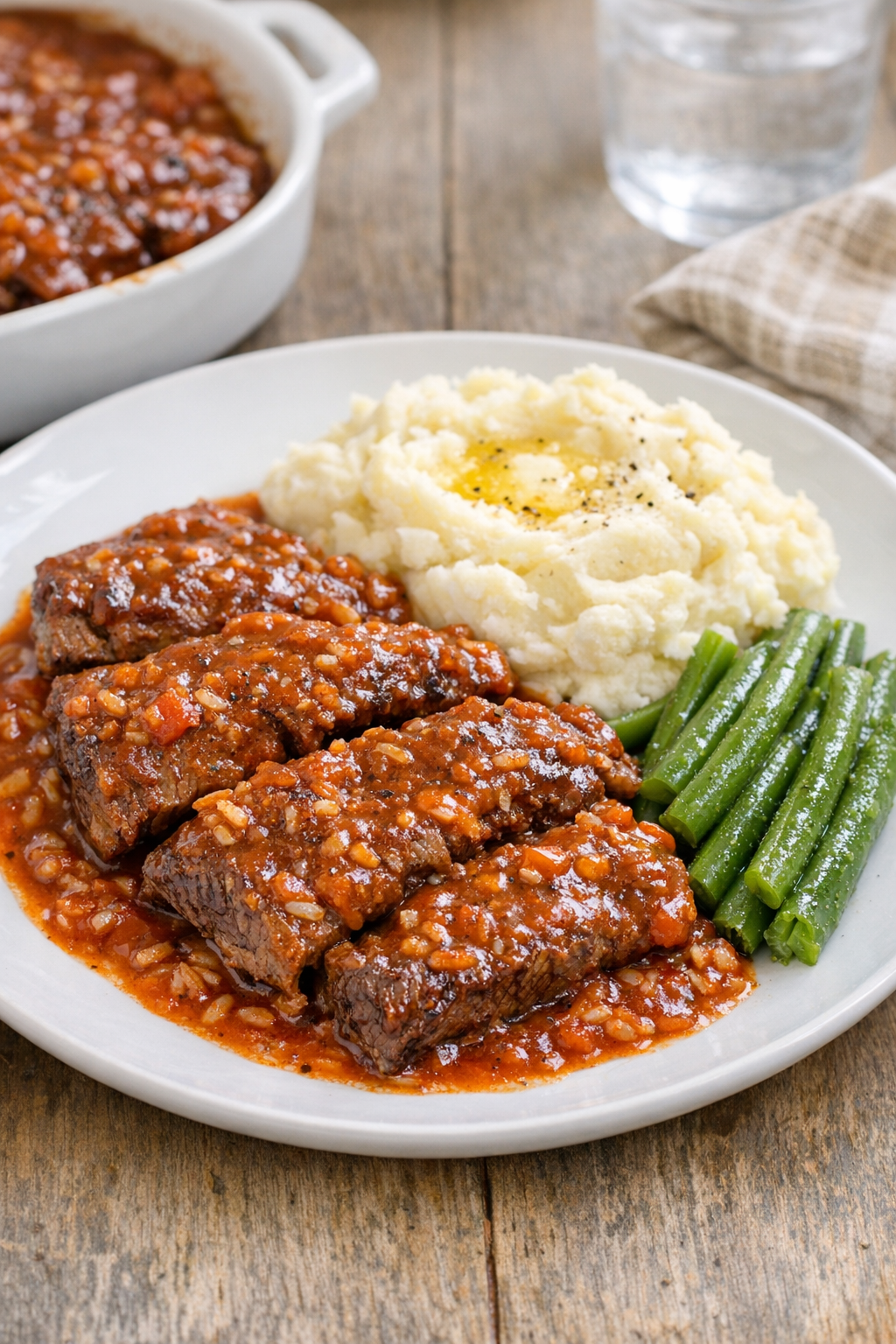 Finished Amish beef and red gravy bake plated with mashed potatoes
