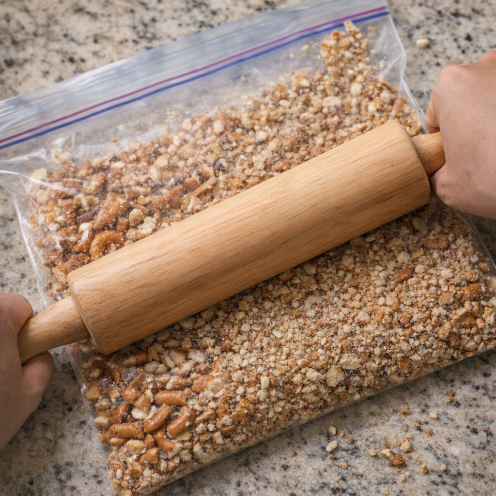 Crushing pretzels in a plastic bag with a rolling pin
