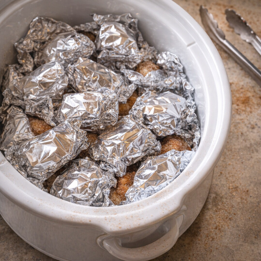 Foil-wrapped churro bites stacked in a slow cooker
