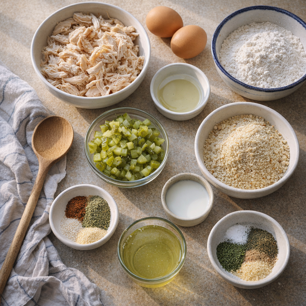 Ingredients for dill pickle chicken fritters arranged on a kitchen counter