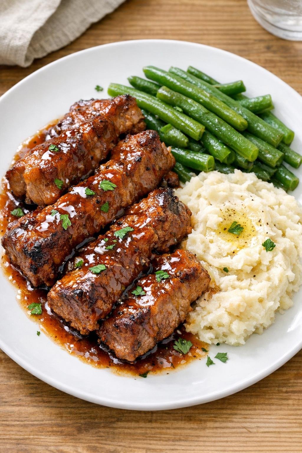 Varkensribbetjes op country-stijl bereid en geserveerd met saus.