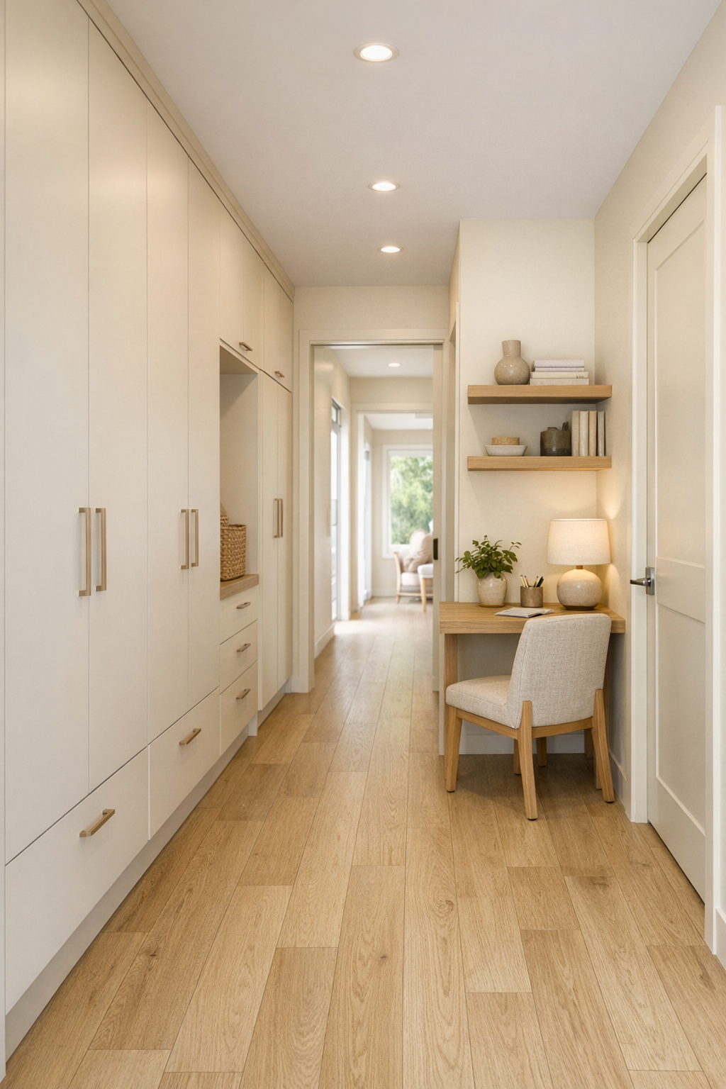 Bright secondary area with wide hallways, built-in storage, and a small functional workspace