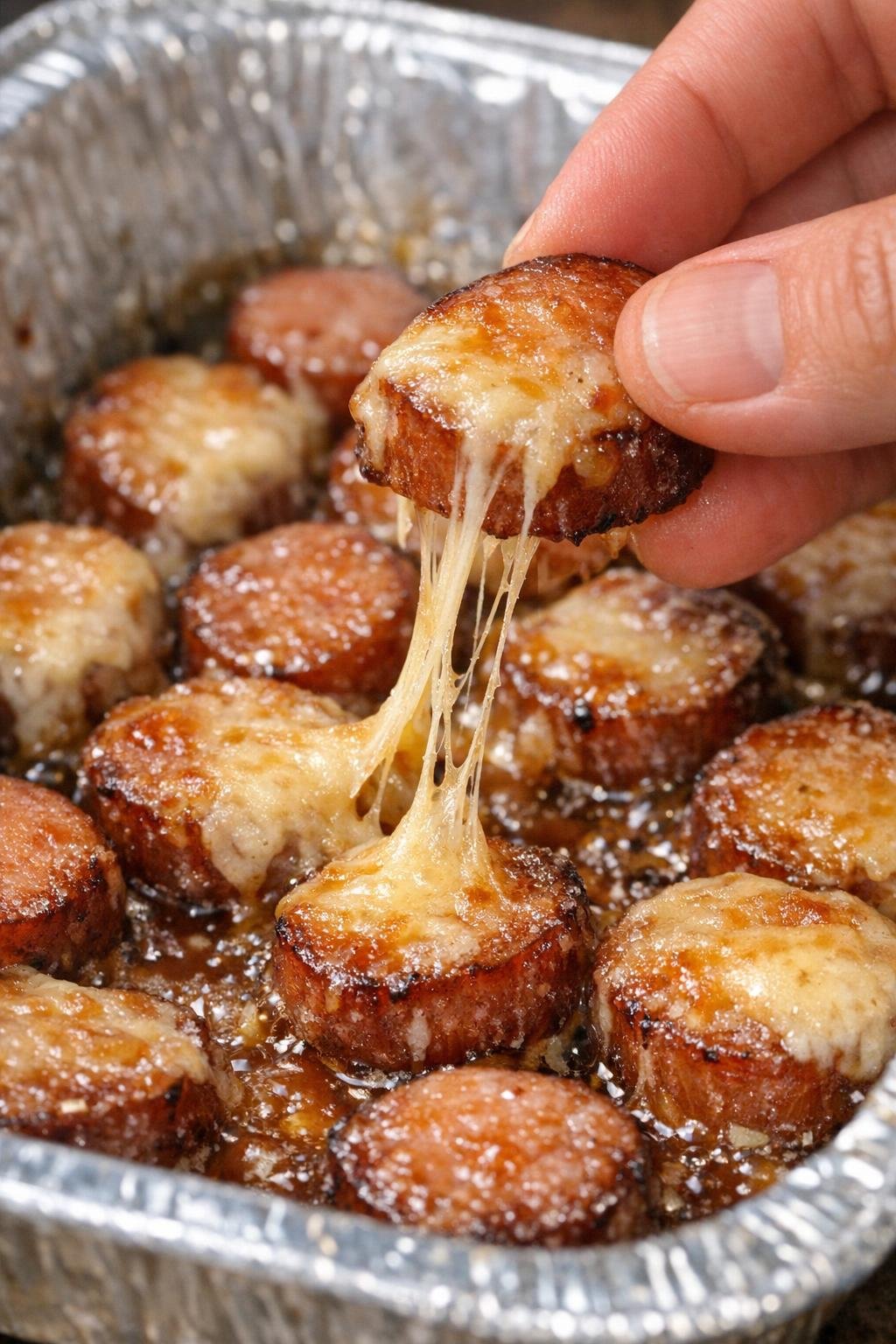 Low carb kielbasa bites in a foil tray