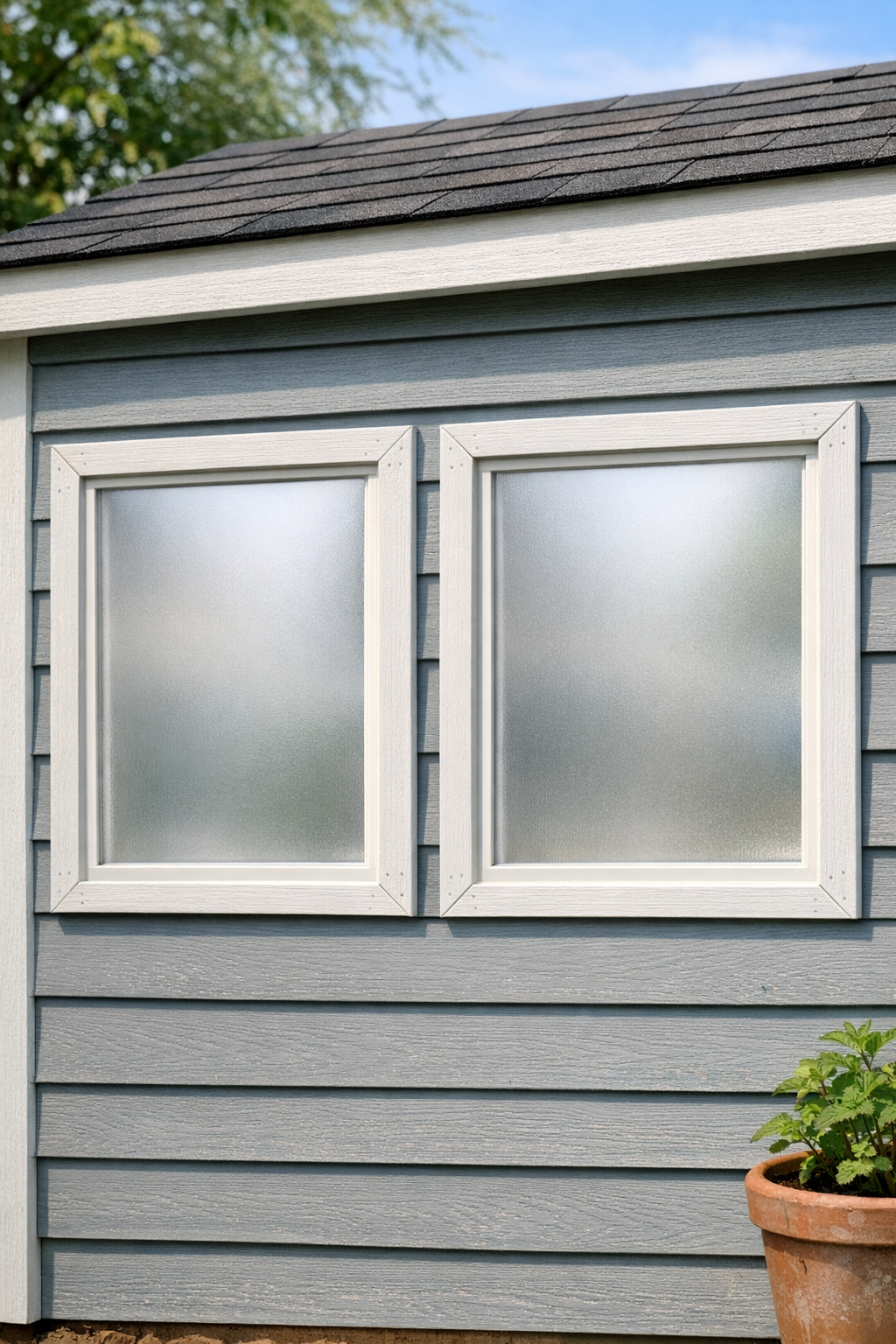 Finished frosted shatterproof shed windows installed in a shed wall