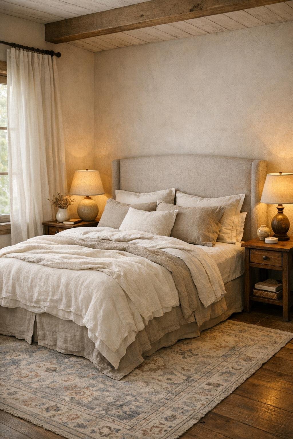 Serene cottage bedroom with layered linen bedding, soft earth tones, and warm wood accents