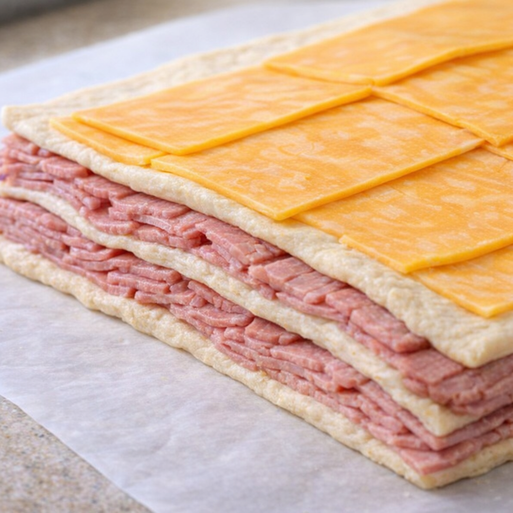 Dough layered with corned beef and Colby cheese