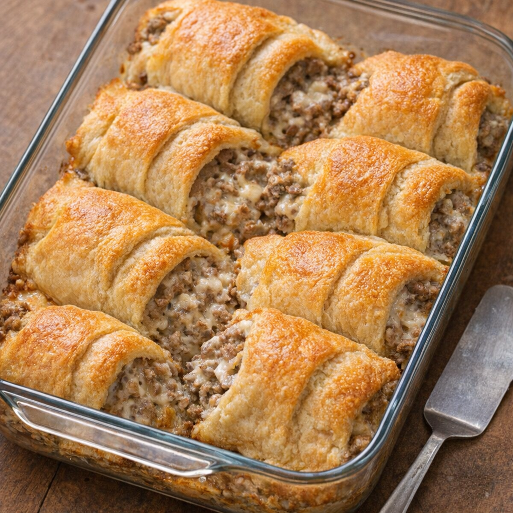 Freshly baked sausage cream cheese crescents in a glass casserole dish