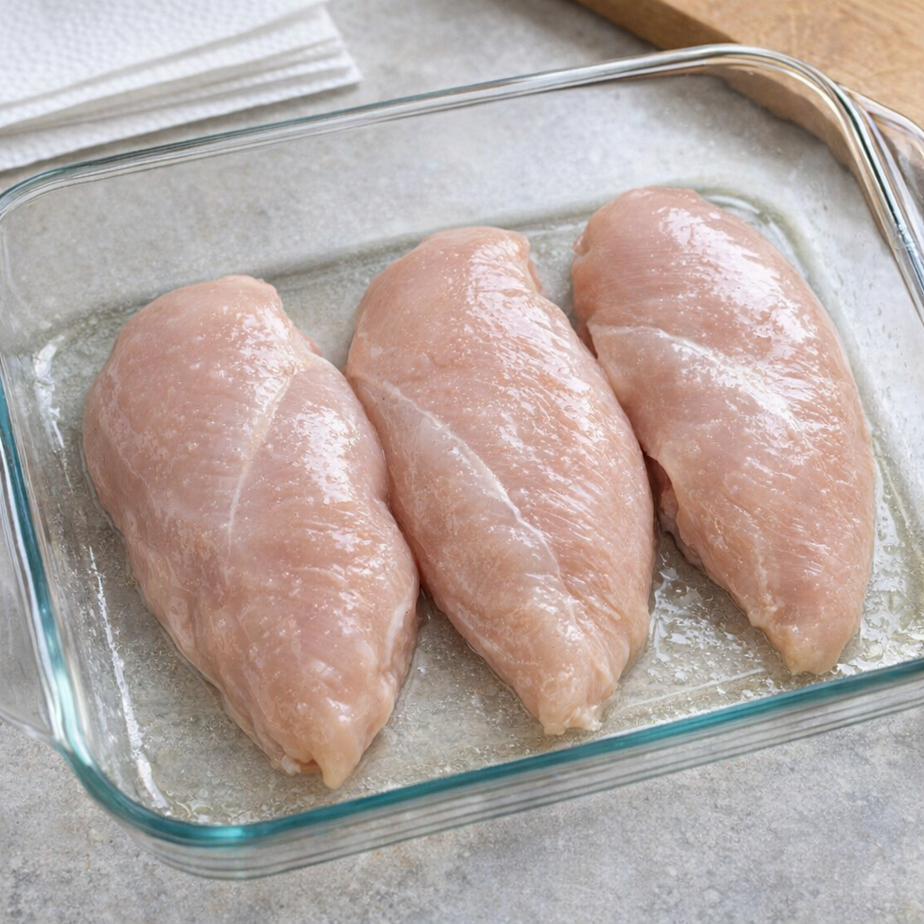 Raw chicken breasts arranged in a greased glass baking dish
