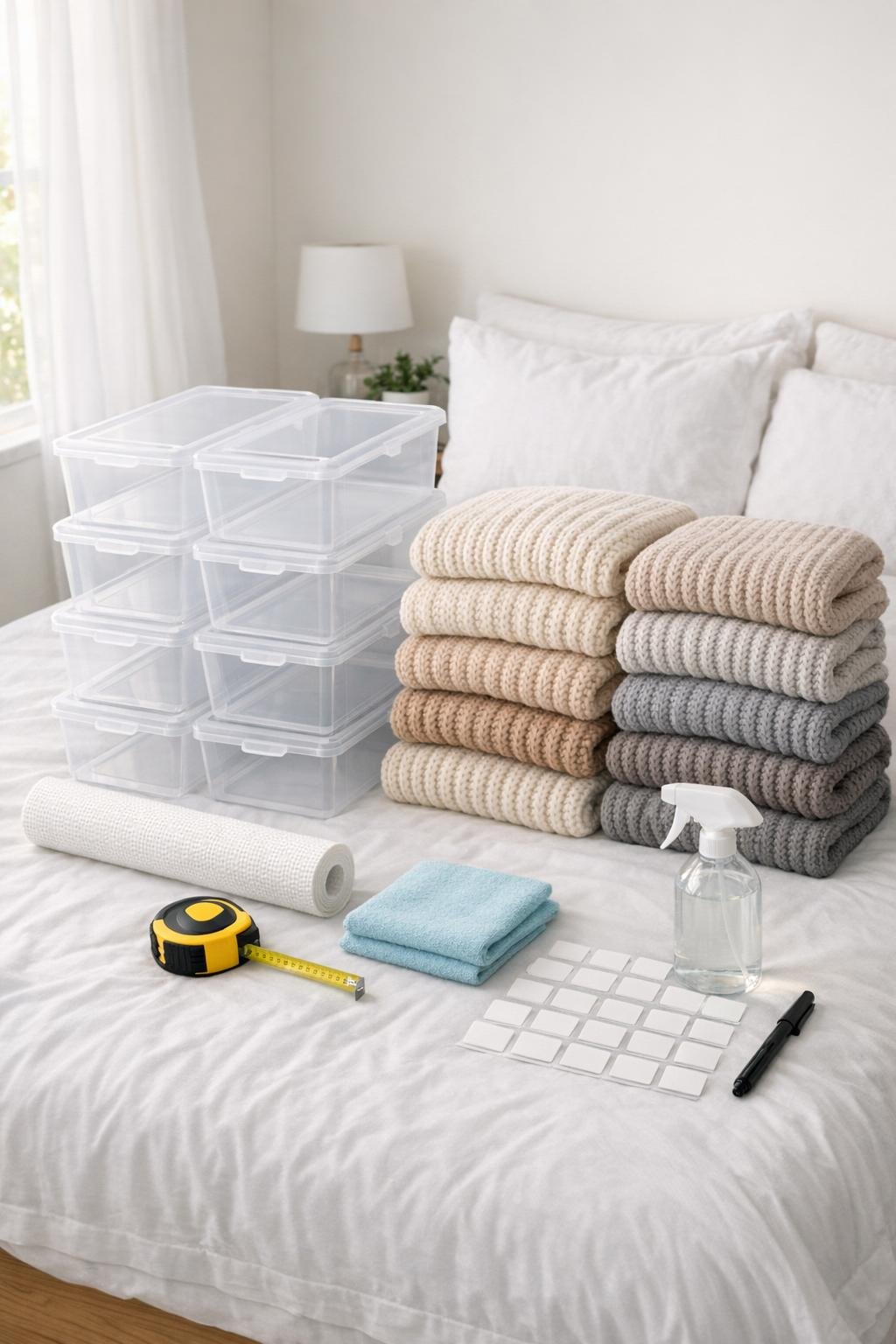 Clear shoe boxes, folded sweaters, shelf liner, labels, and closet organizing supplies laid out together