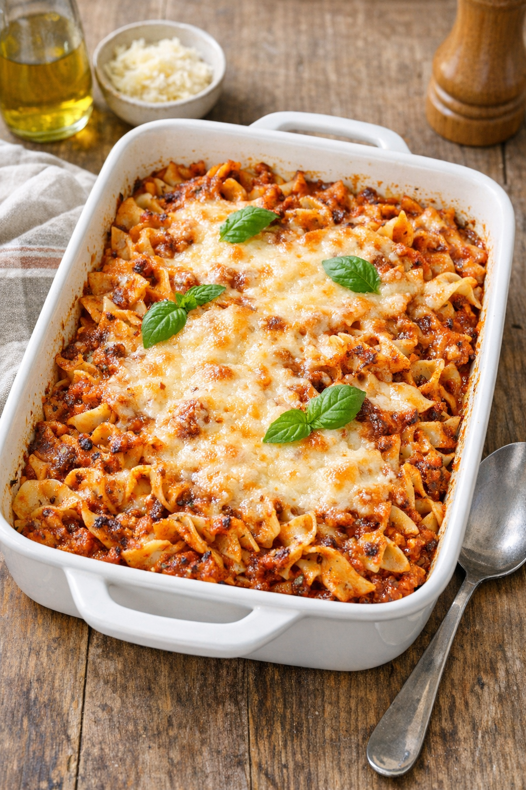 Finished baked sun dried tomato noodles in a casserole dish
