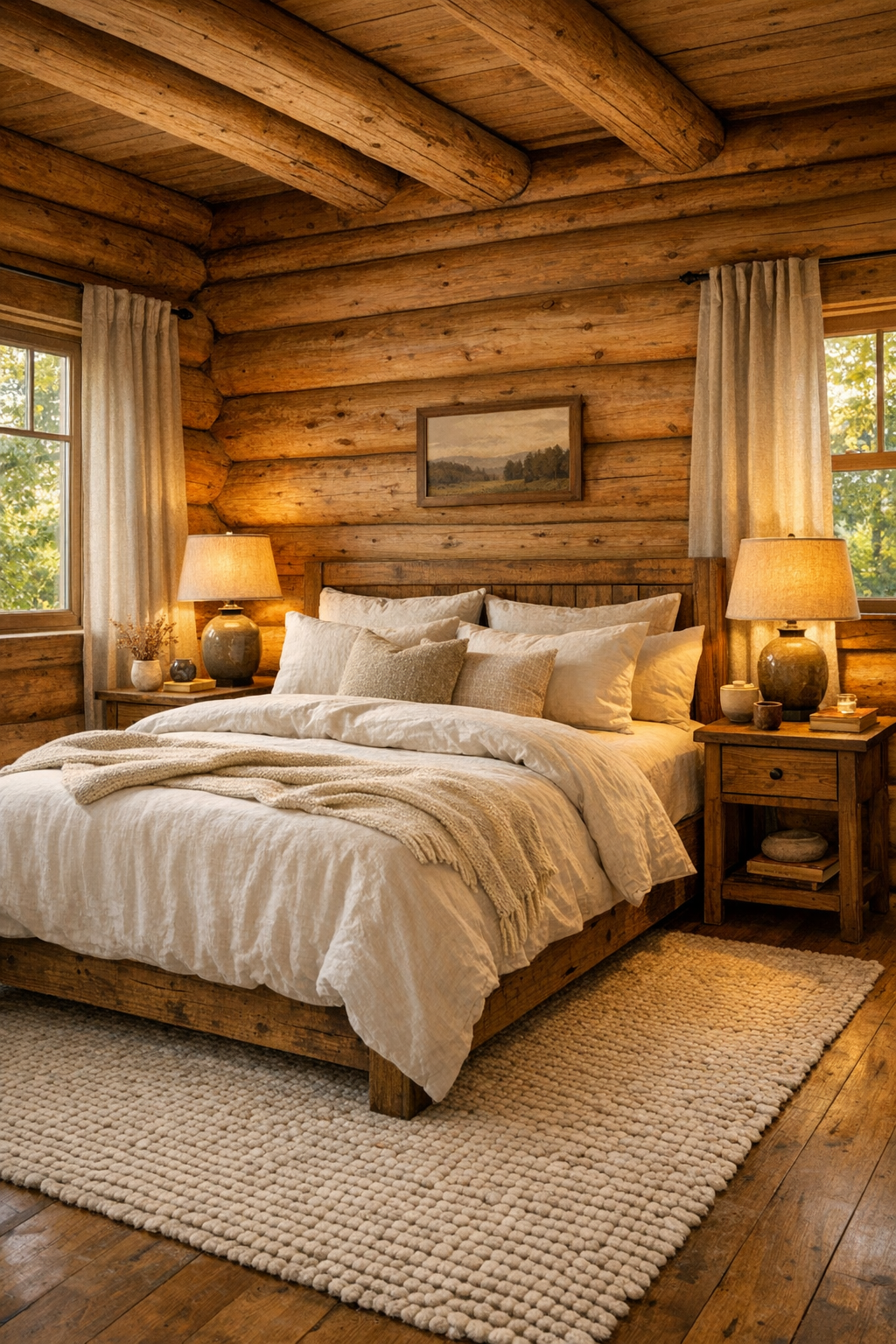 Bedroom with log walls, layered neutral bedding, and soft window light