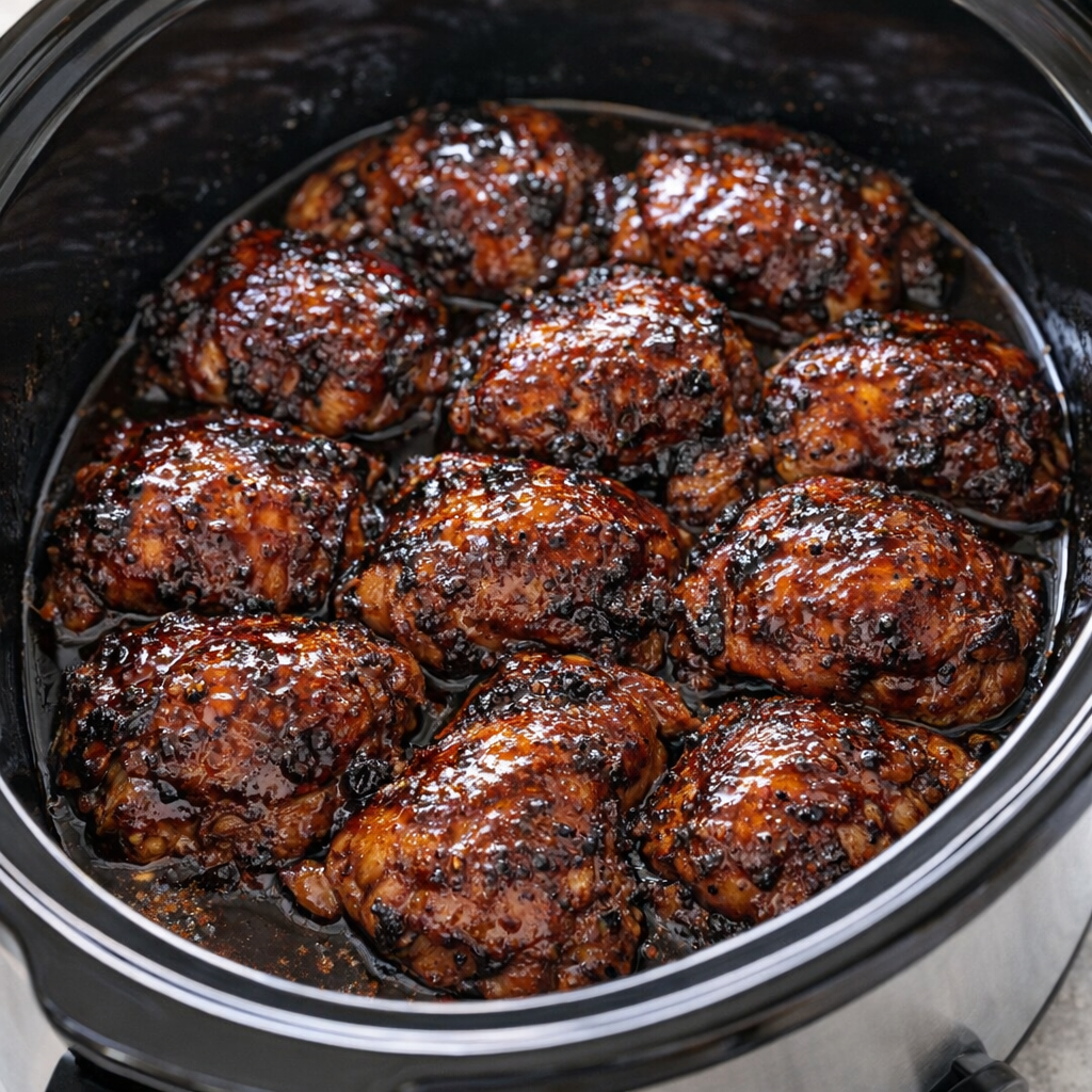 Raw chicken thighs arranged in a slow cooker