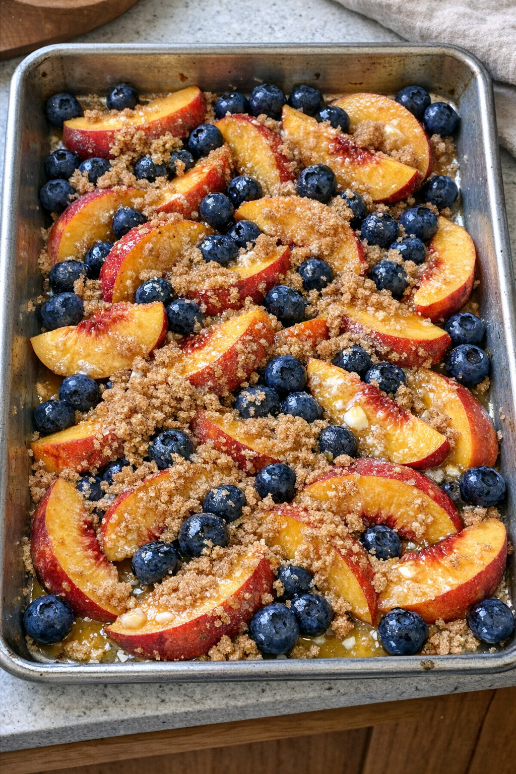 Fruit layered in sheet pan with sugar and butter