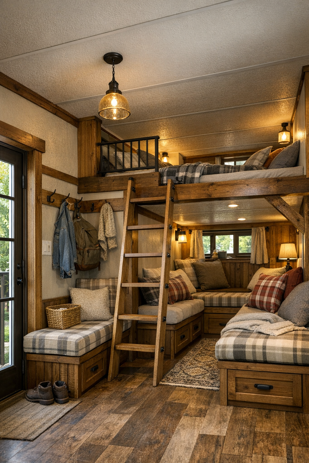 Built-in entry and loft nook with warm wood, storage, and cozy textiles