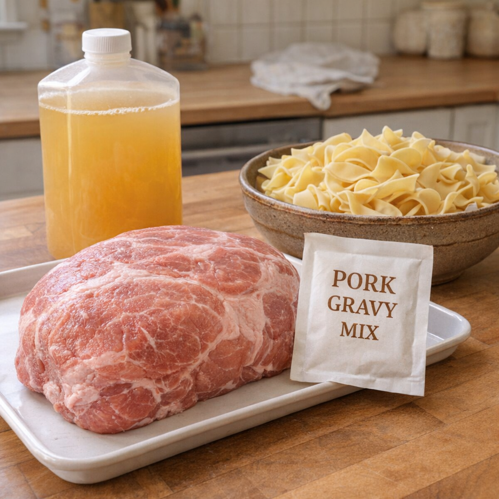 Pork roast and simple ingredients arranged on a kitchen counter