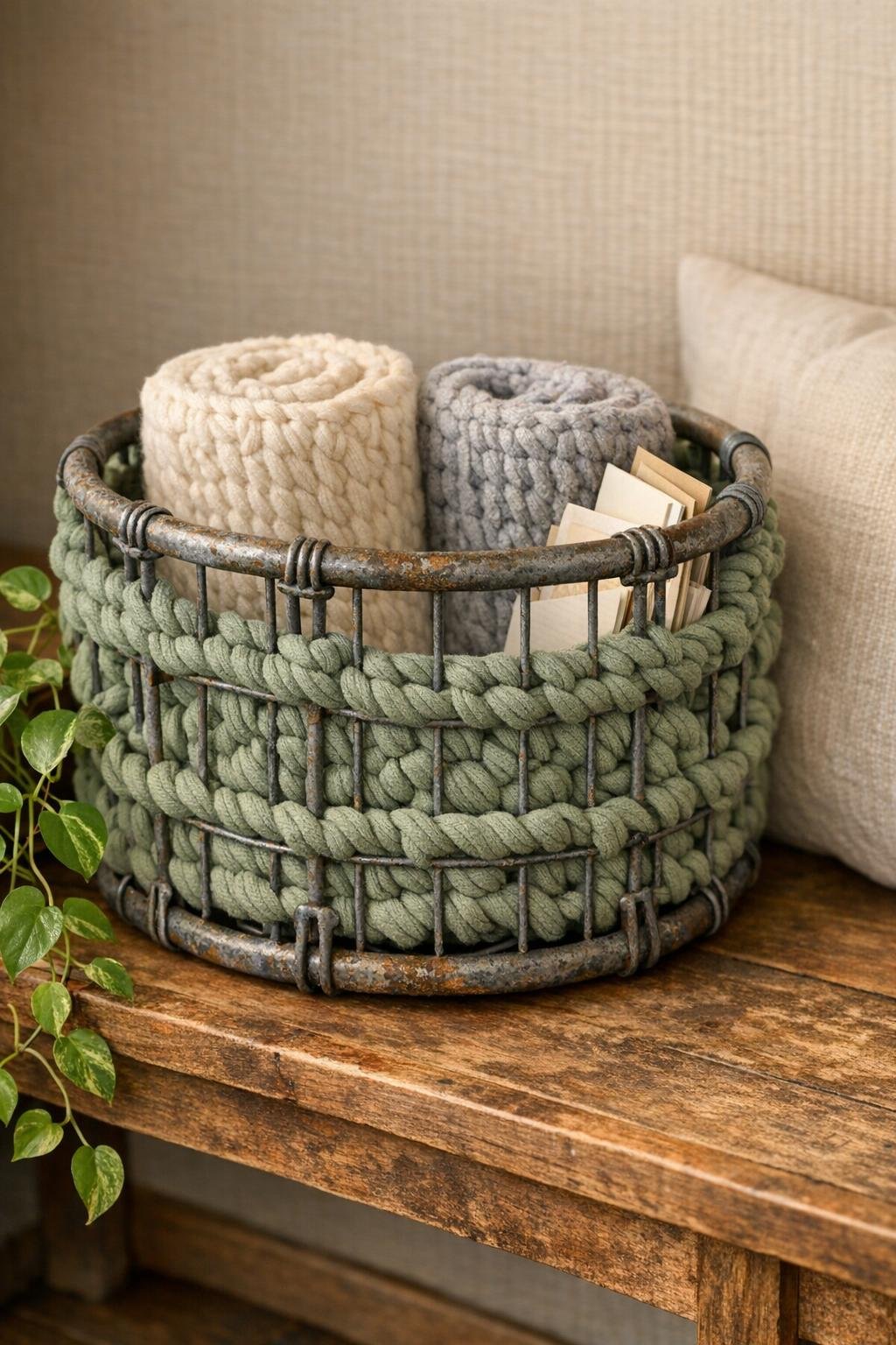 Finished crochet storage basket made from a wire spooling cage