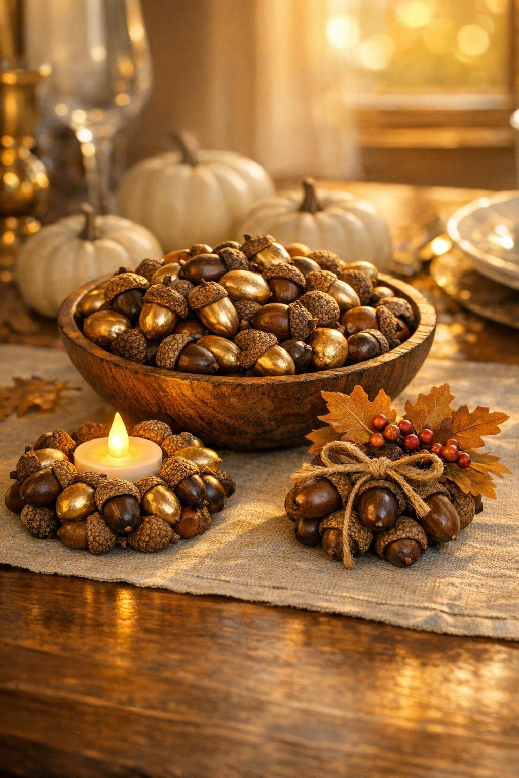 Finished autumn table scatter with gold-painted acorns