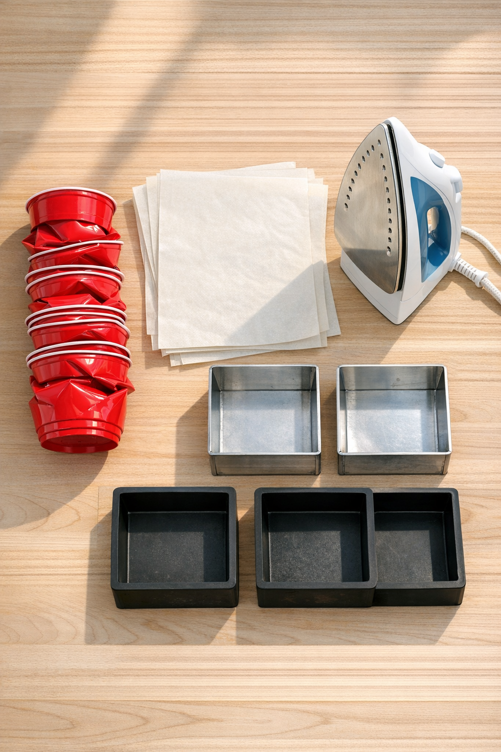 Materials for making recycled plastic patio pavers laid out on a work surface
