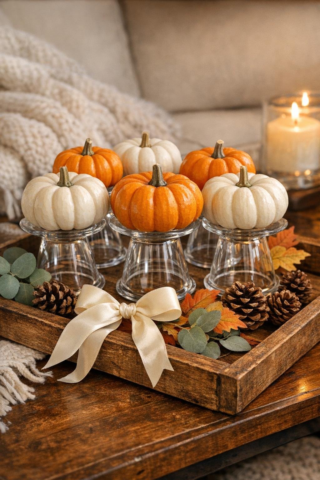 Completed autumn pumpkin riser on a rustic wooden tray in a cozy living room