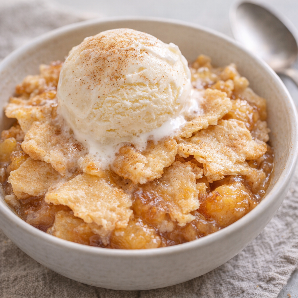 Served portion of baked pie dough dessert with vanilla ice cream