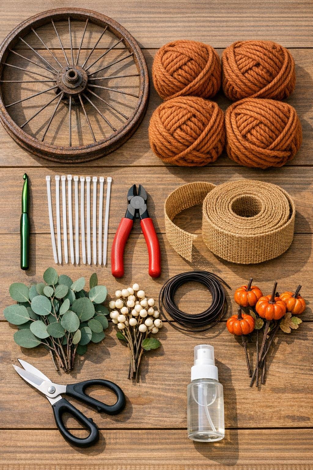 Materials for a crochet bicycle wheel wreath laid out together