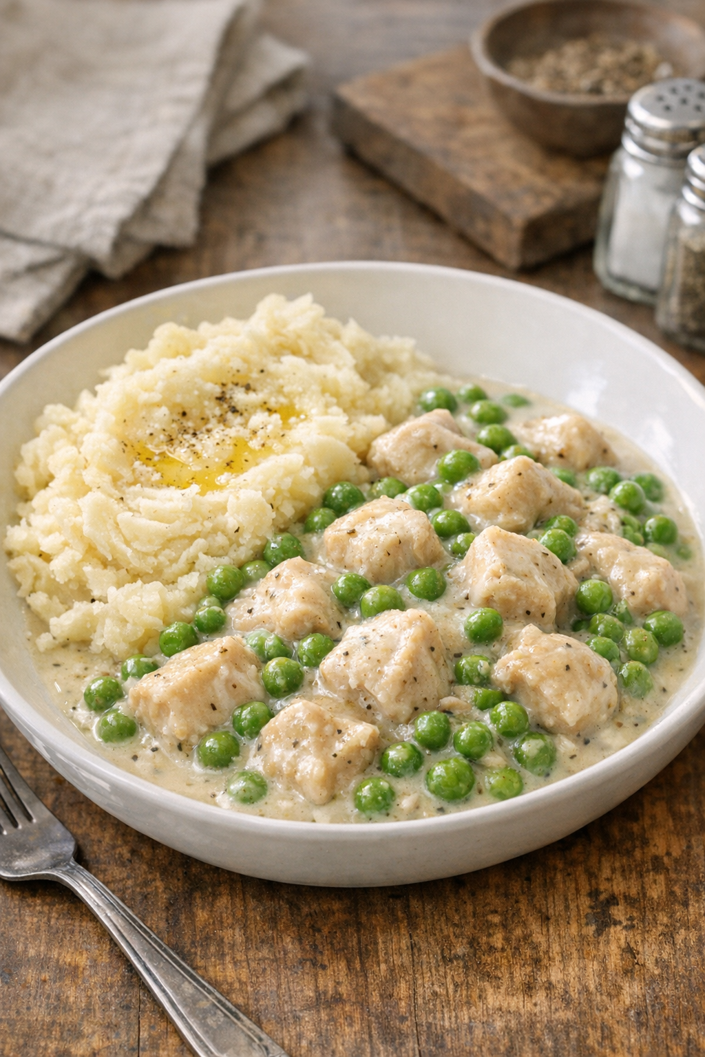 Finished creamy chicken and peas plated for supper
