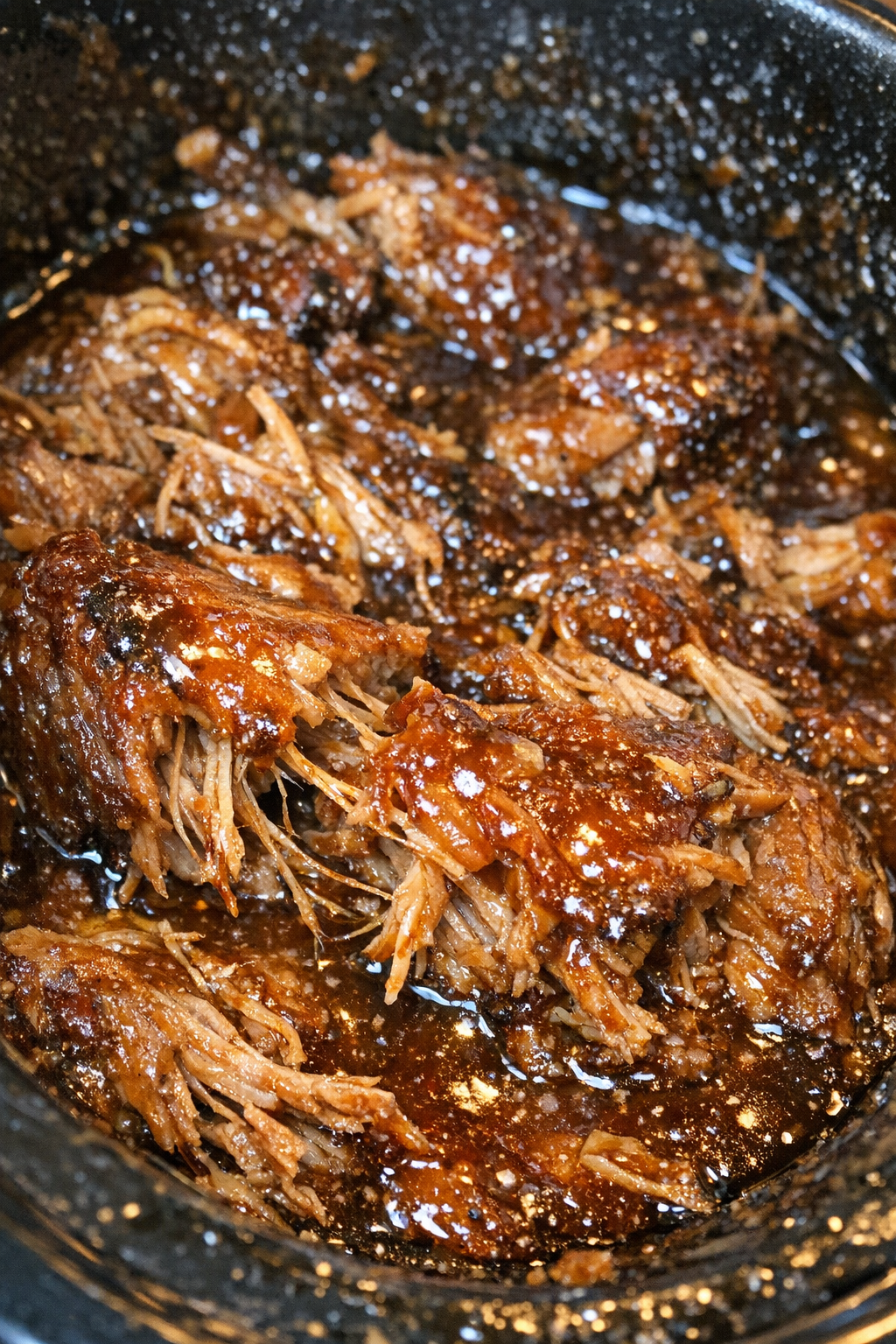 Slow-roasted protein in sticky amber sauce inside a slow cooker