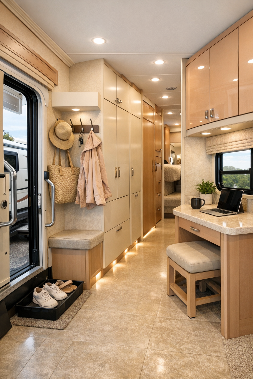 Accessible RV entry and hallway area with built-in storage, soft lighting, and clear pathways