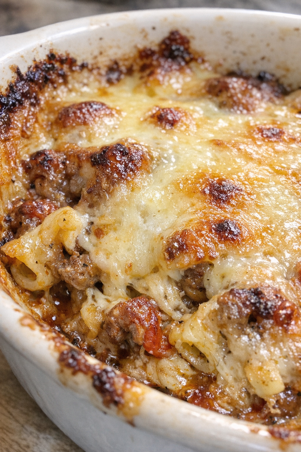 Bubbling cheese-draped bake in a ceramic dish