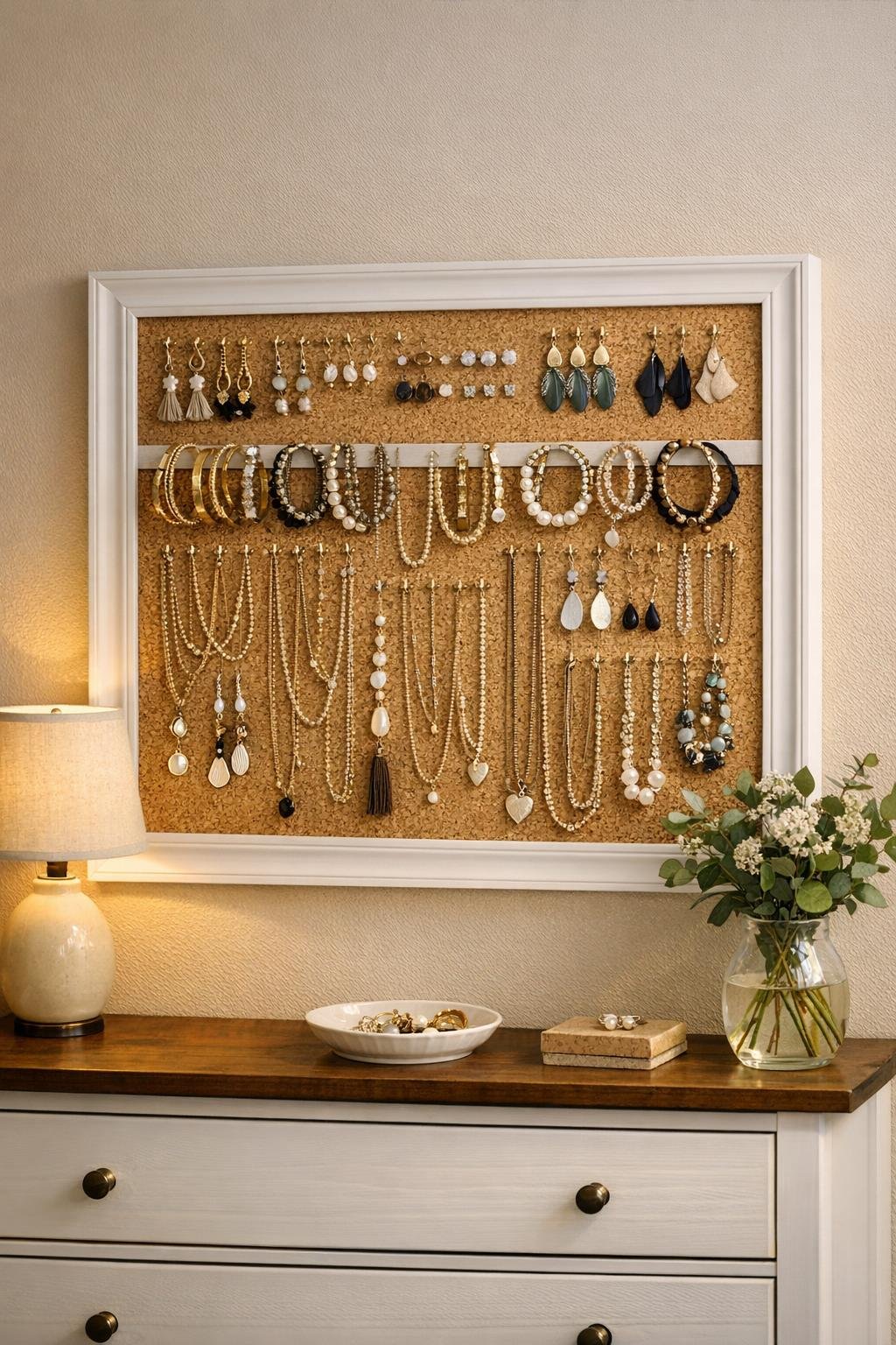 Finished cork-lined picture frame jewelry organizer in a bedroom