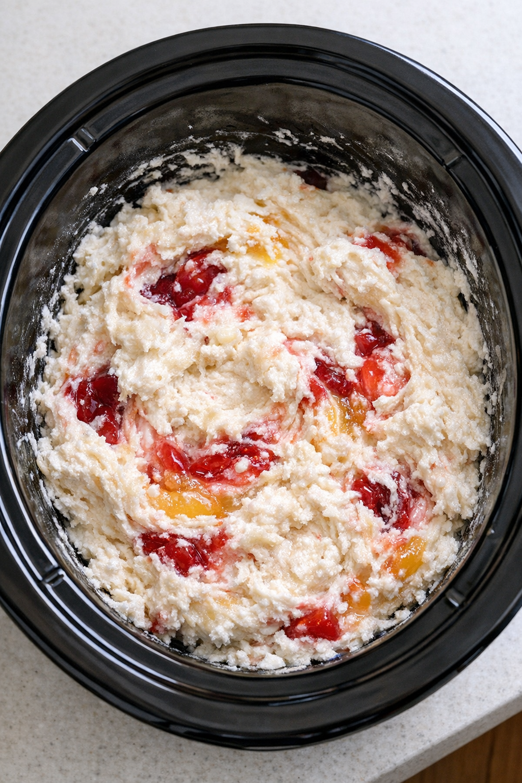 Dessert mixture just stirred in the slow cooker