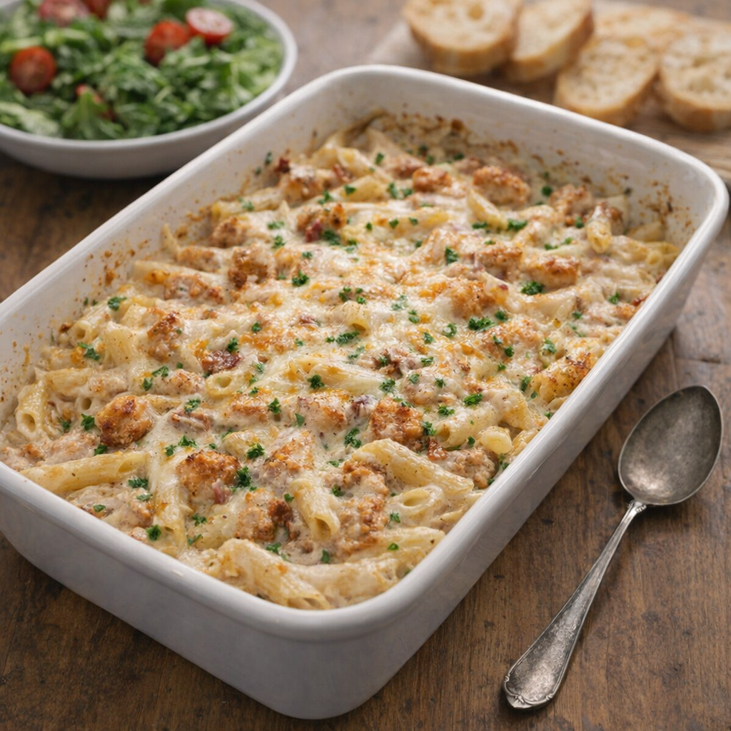 Baked chicken pasta in a casserole dish on a dinner table