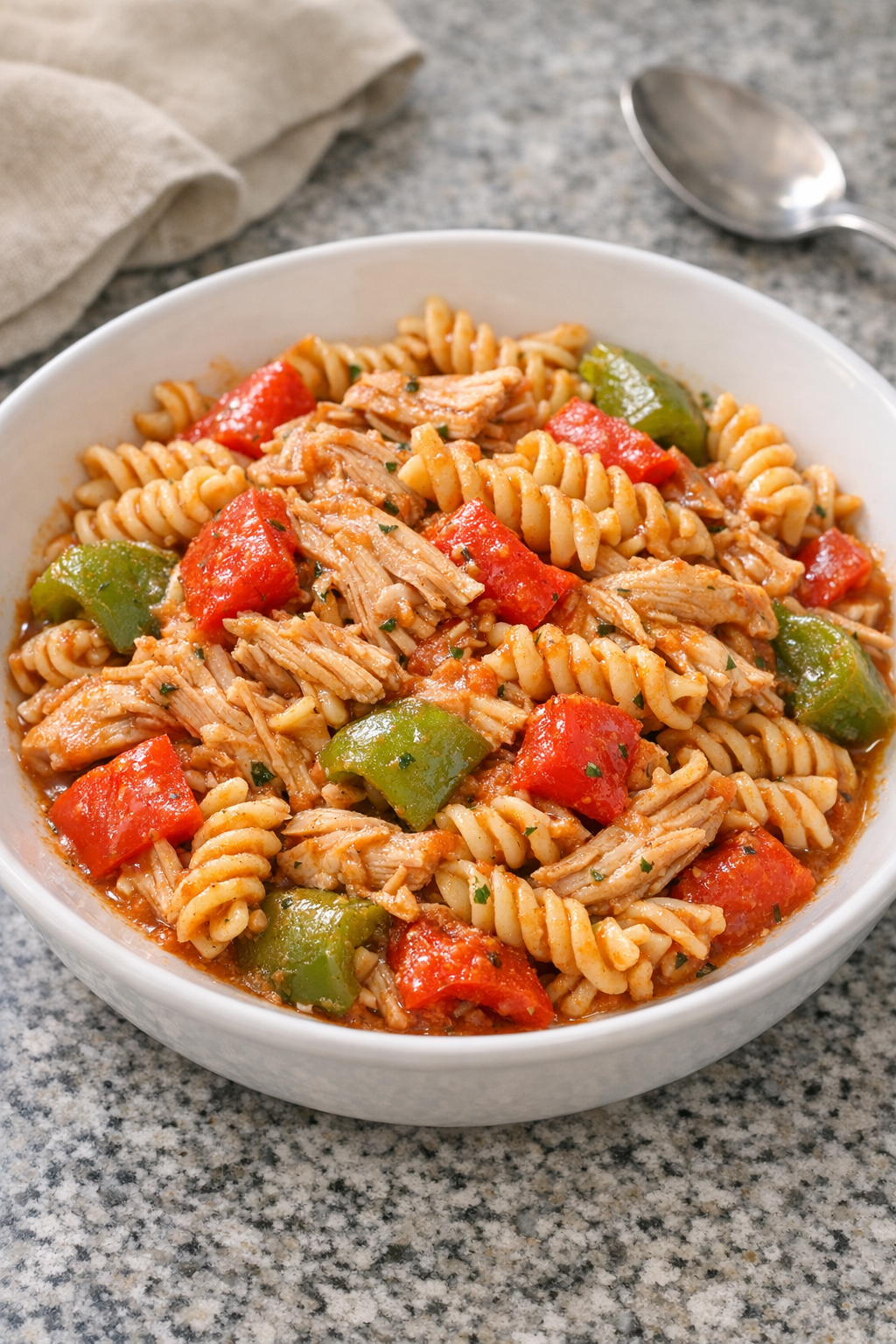 Finished plated turkey and bell pepper pasta