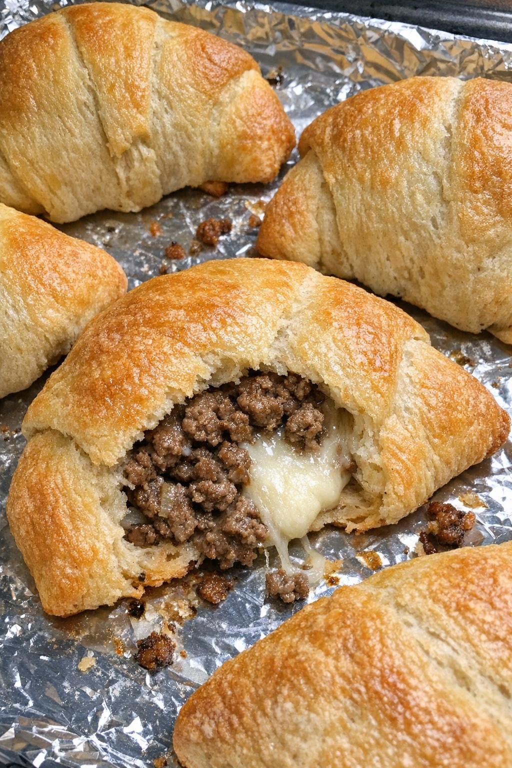 Golden brown beef crescent parcels fresh from the oven