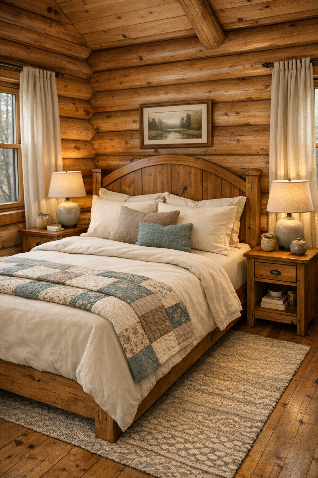 Bedroom with log walls, handmade wood bed, cream bedding, and soft natural textiles