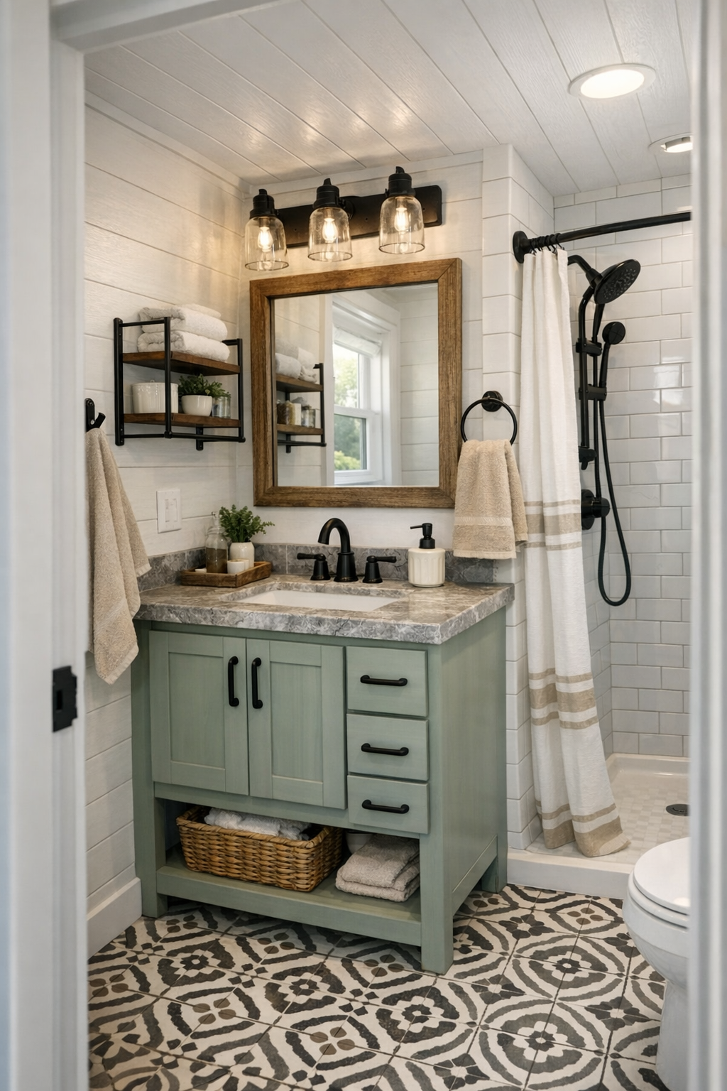 Bright compact farmhouse bathroom with white tile and black fixtures