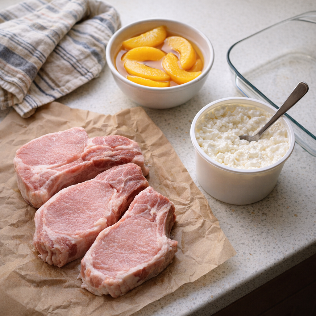 Ingredients for the pork chop and peach bake arranged on a kitchen counter