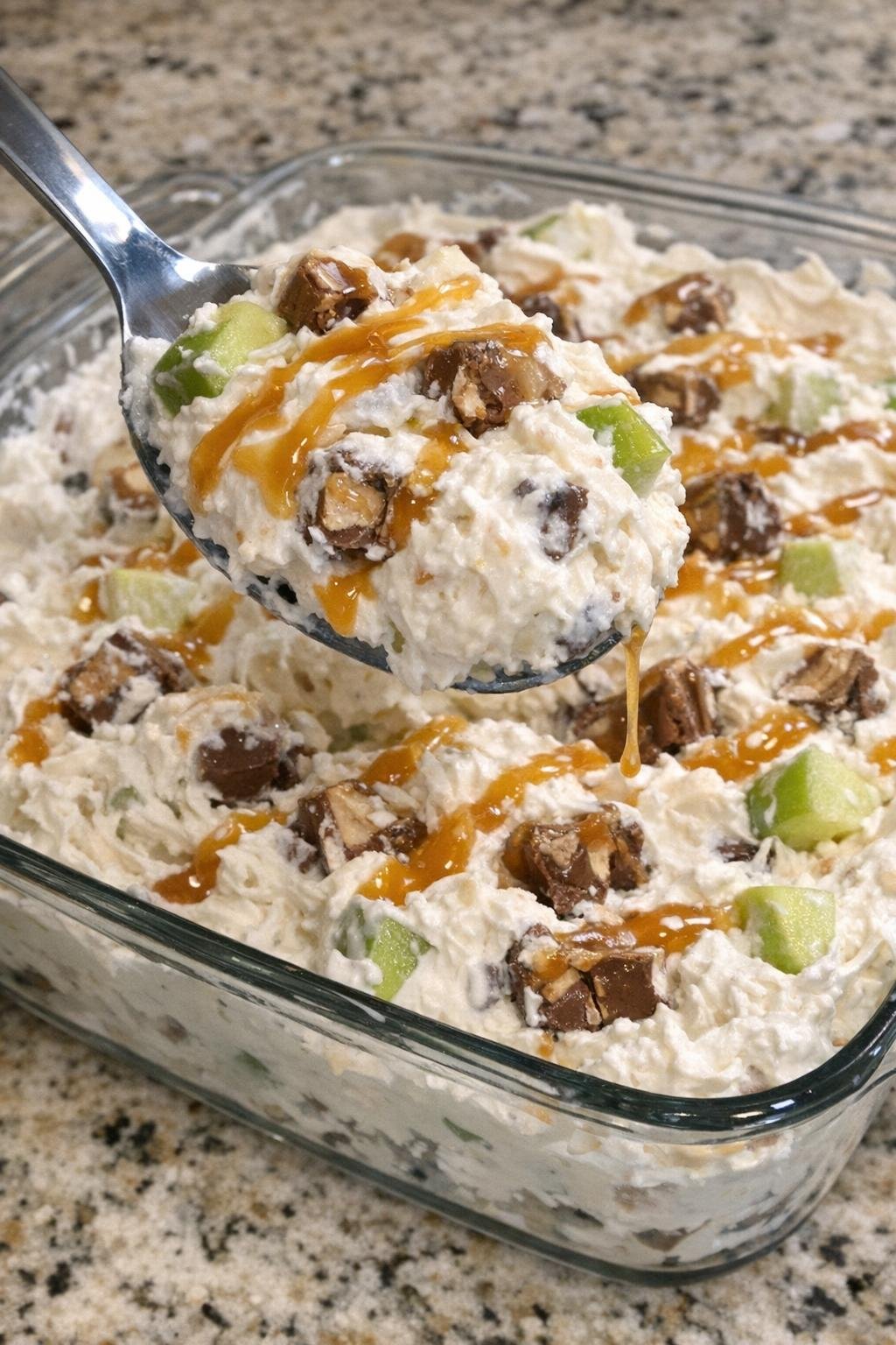 Creamy apple and candy dessert in a glass dish