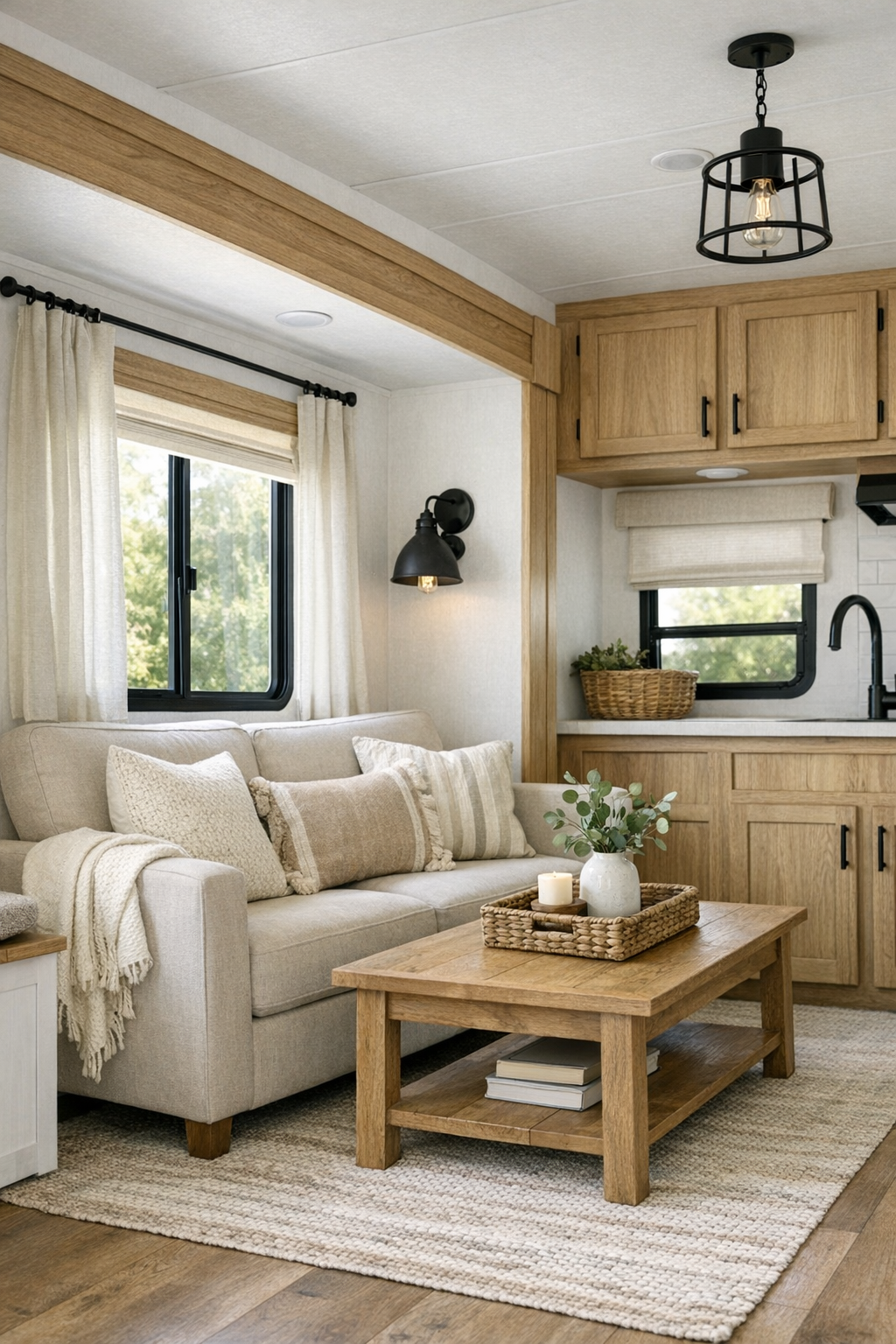Bright modern farmhouse RV living room with white walls, oak accents, and a compact sofa