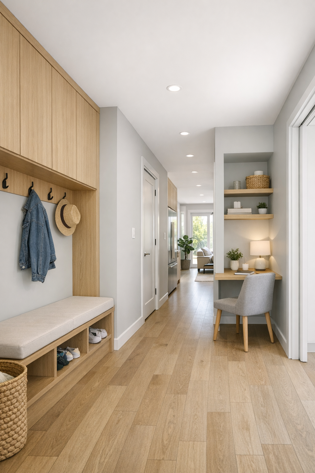Accessible hallway and flex nook with built-in bench, desk, and pale oak storage