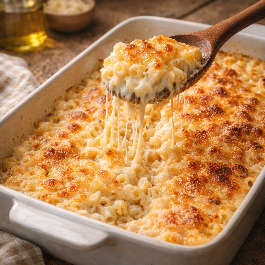 Broiled cheese pasta with browned top in baking dish