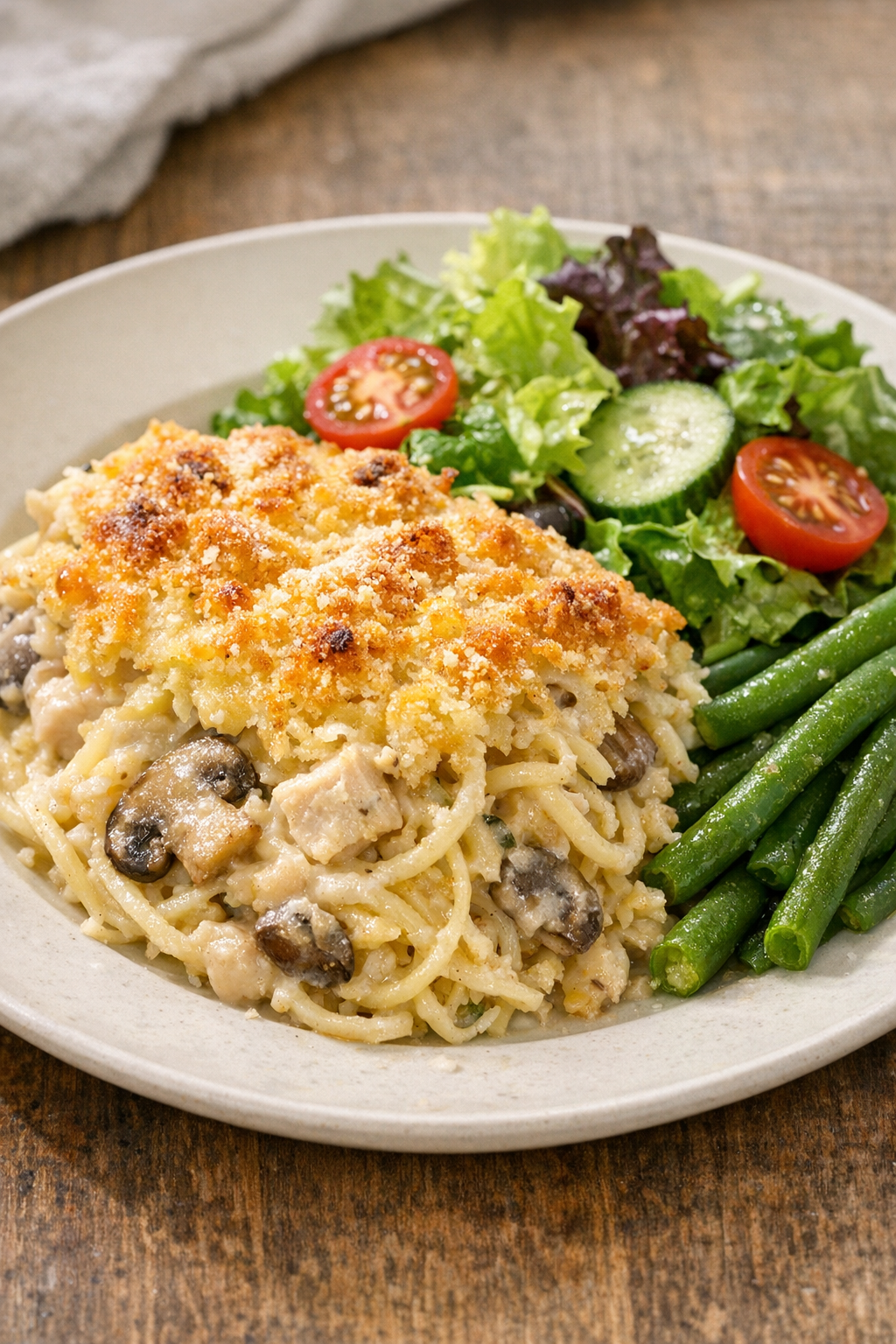 Plated chicken tetrazzini with simple sides