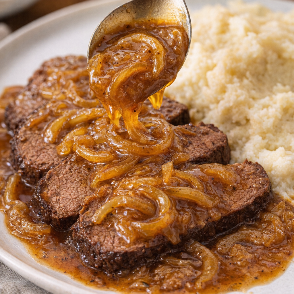 Thick onion gravy spooned over sliced beef