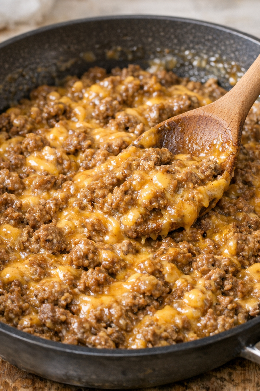 Beef mixed with cheddar soup in a skillet